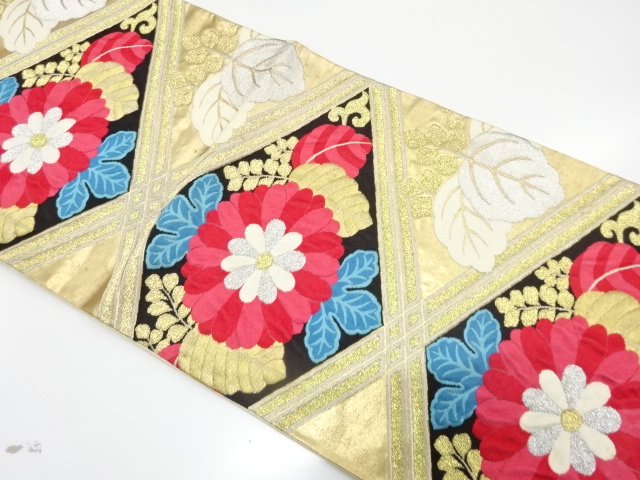 JAPANESE KIMONO / ANTIQUE FUKURO OBI / SILK / WOVEN PAULOWNIA & KIKU